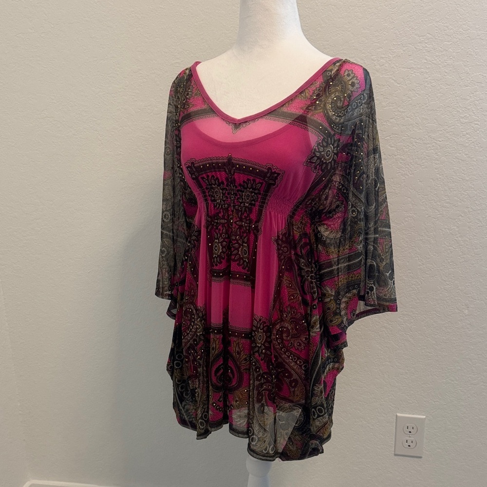 INC International Concepts Hot Pink Paisley V-Neck Tunic Top